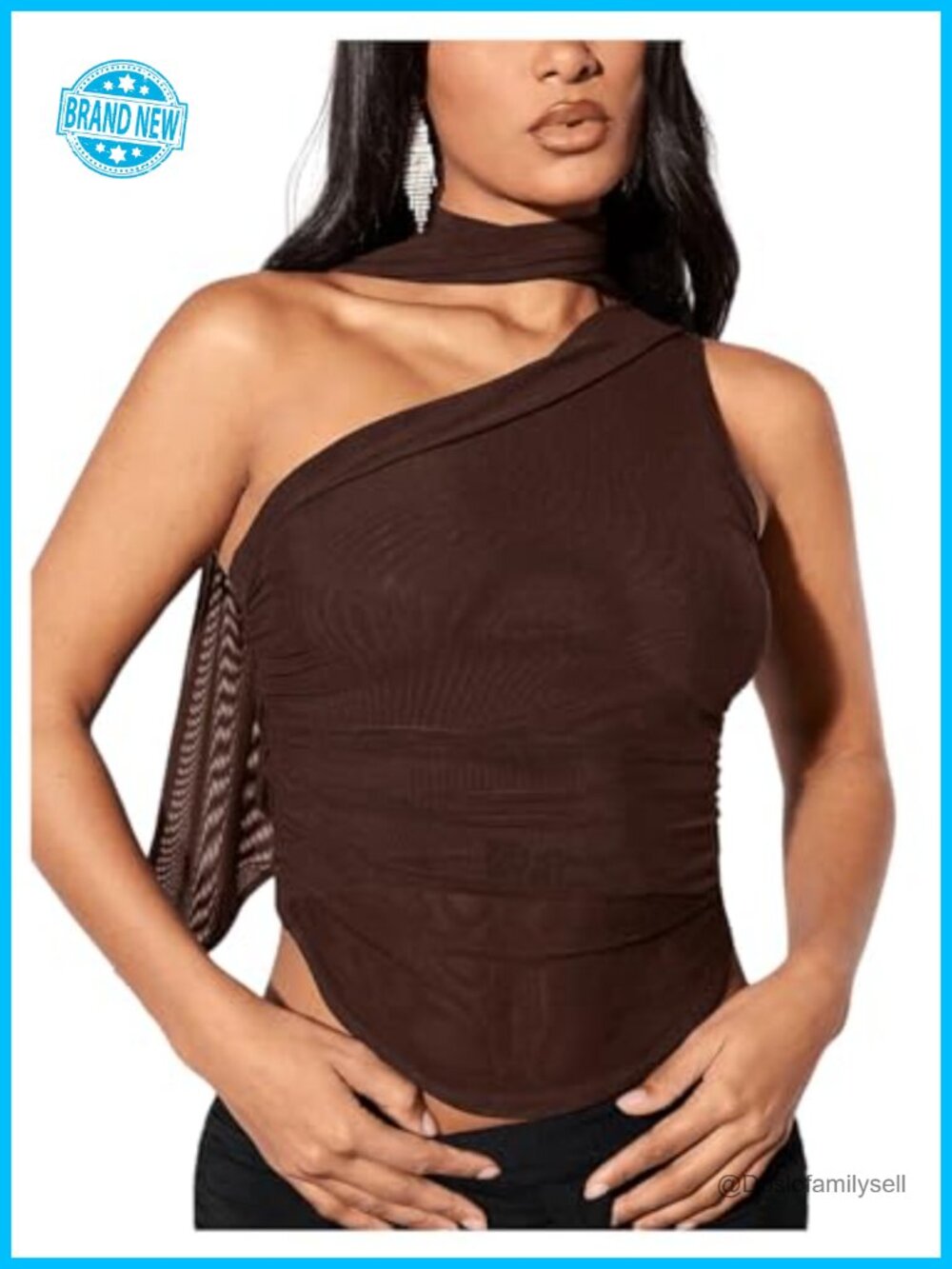 Women's Y2K Sheer Mesh One Shoulder Ruched Tank Top Sleeveless Blouse